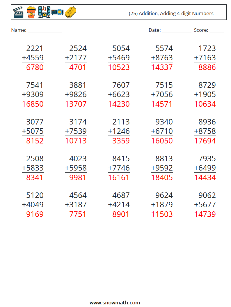 (25) Addition, Adding 4-digit Numbers Math Worksheets 5 Question, Answer