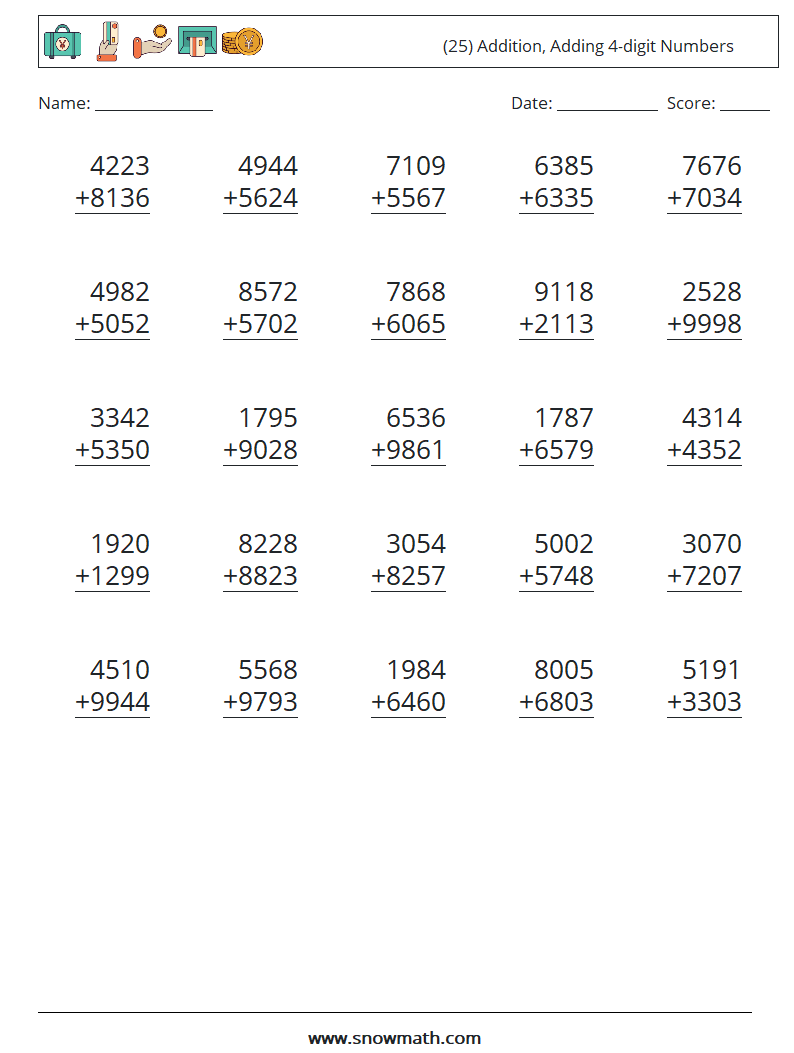 (25) Addition, Adding 4-digit Numbers Math Worksheets 6