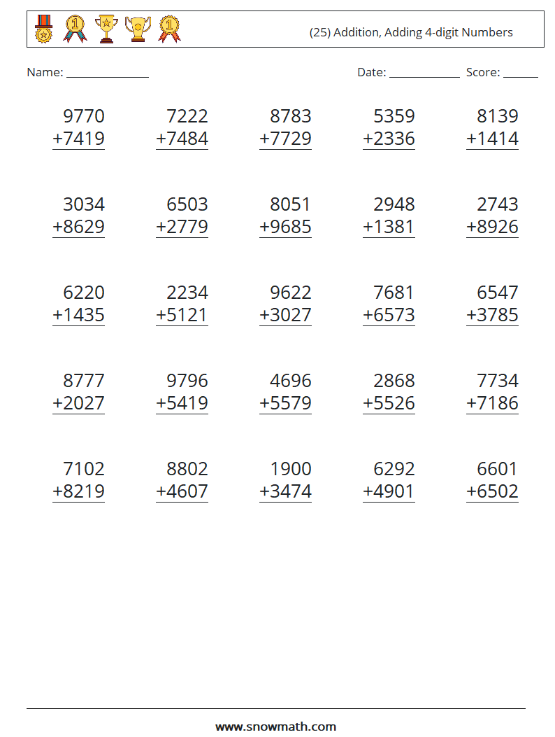 (25) Addition, Adding 4-digit Numbers Math Worksheets 7