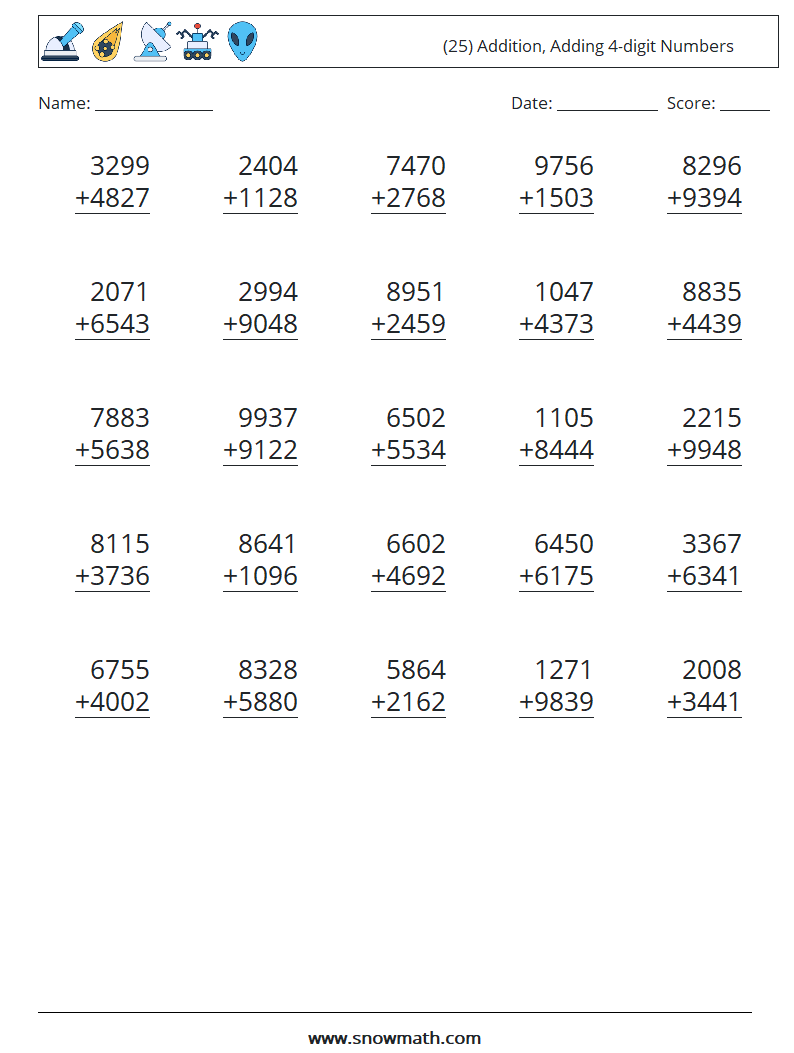 (25) Addition, Adding 4-digit Numbers Math Worksheets 8