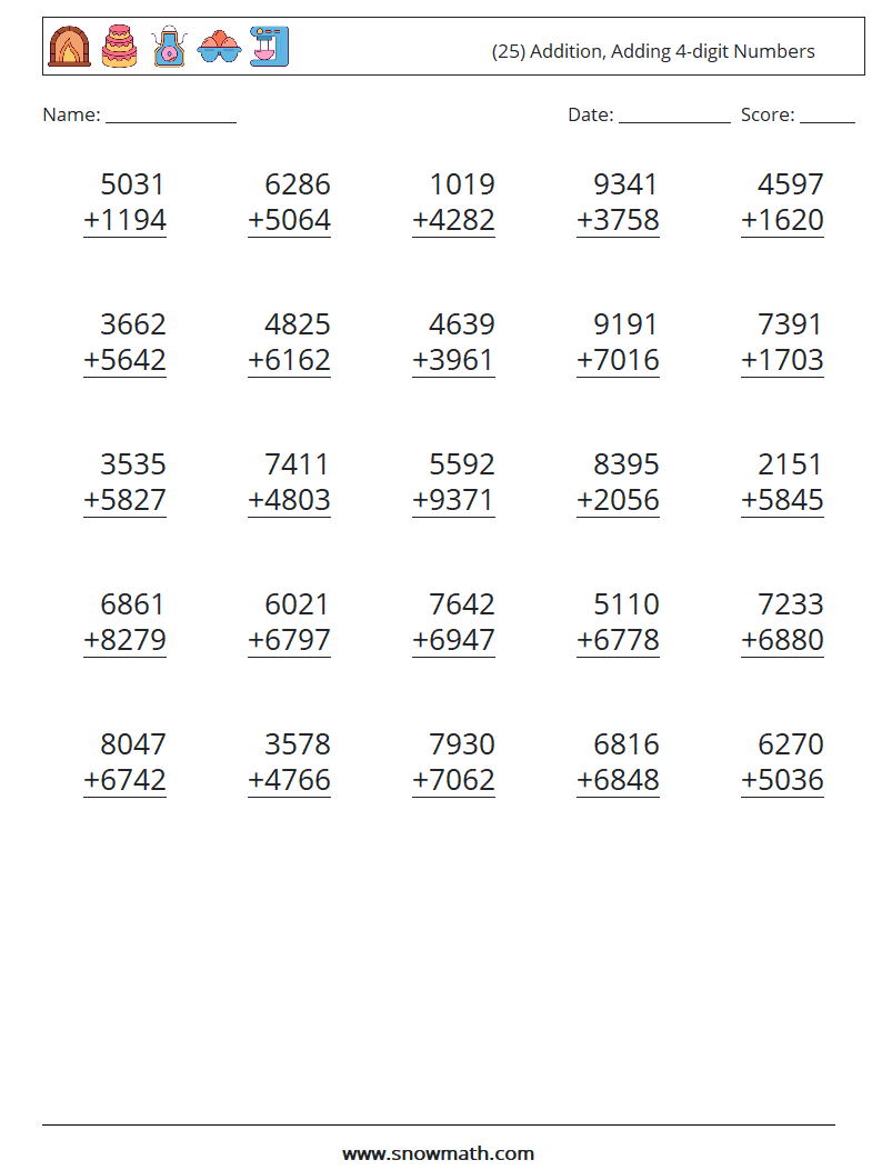 (25) Addition, Adding 4-digit Numbers Math Worksheets 9