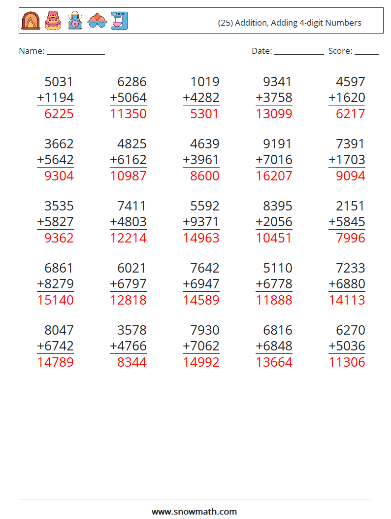 (25) Addition, Adding 4-digit Numbers Math Worksheets 9 Question, Answer