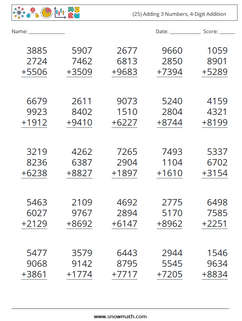 (25) Adding 3 Numbers, 4-Digit Addition Math Worksheets 1