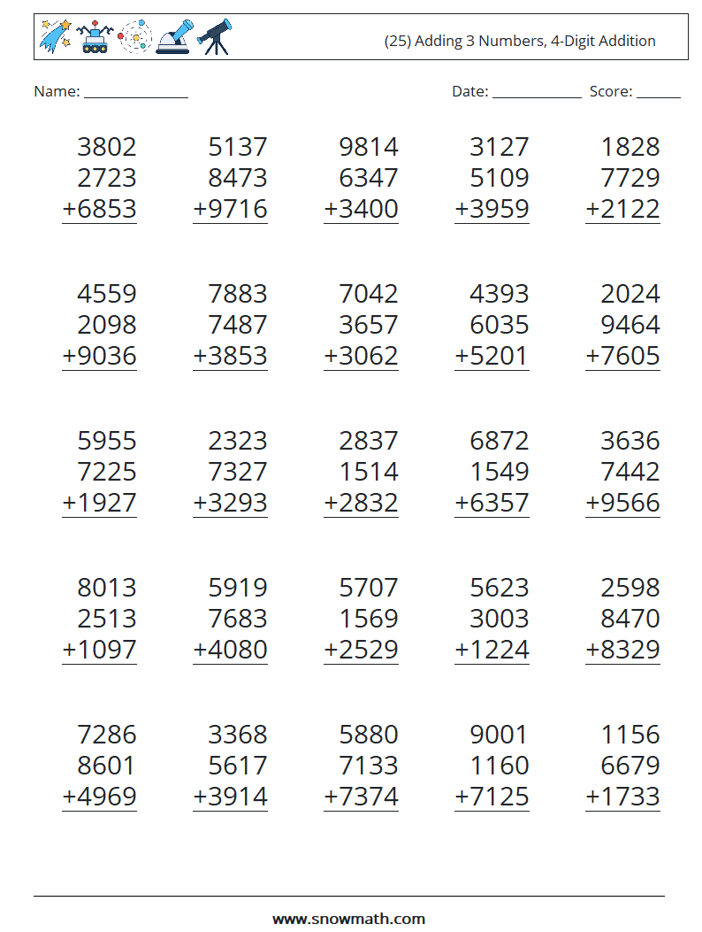 (25) Adding 3 Numbers, 4-Digit Addition Math Worksheets 2