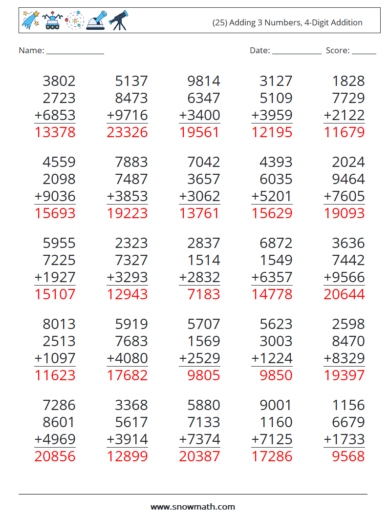 (25) Adding 3 Numbers, 4-Digit Addition Math Worksheets 2 Question, Answer