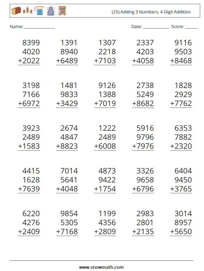 (25) Adding 3 Numbers, 4-Digit Addition Math Worksheets 3