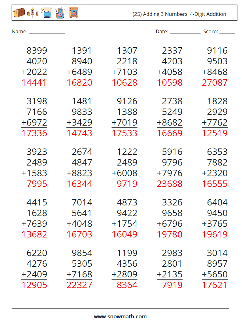(25) Adding 3 Numbers, 4-Digit Addition Math Worksheets 3 Question, Answer
