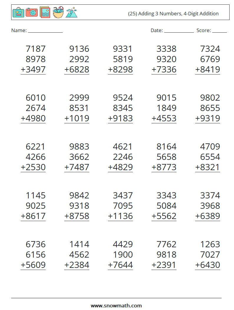 (25) Adding 3 Numbers, 4-Digit Addition Math Worksheets 4