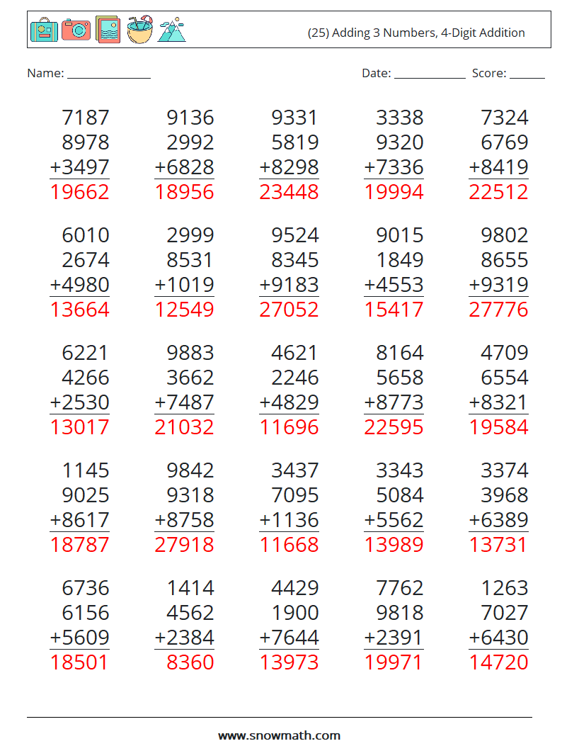 (25) Adding 3 Numbers, 4-Digit Addition Math Worksheets 4 Question, Answer