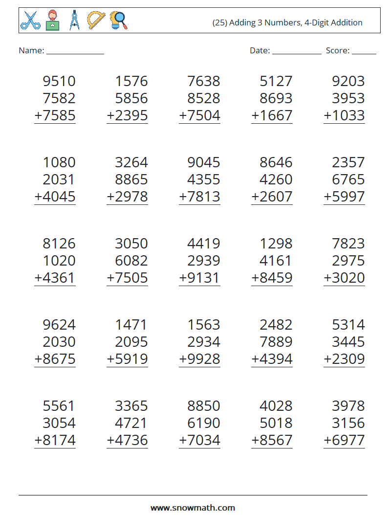 (25) Adding 3 Numbers, 4-Digit Addition Math Worksheets 5