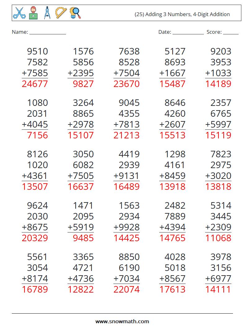 (25) Adding 3 Numbers, 4-Digit Addition Math Worksheets 5 Question, Answer