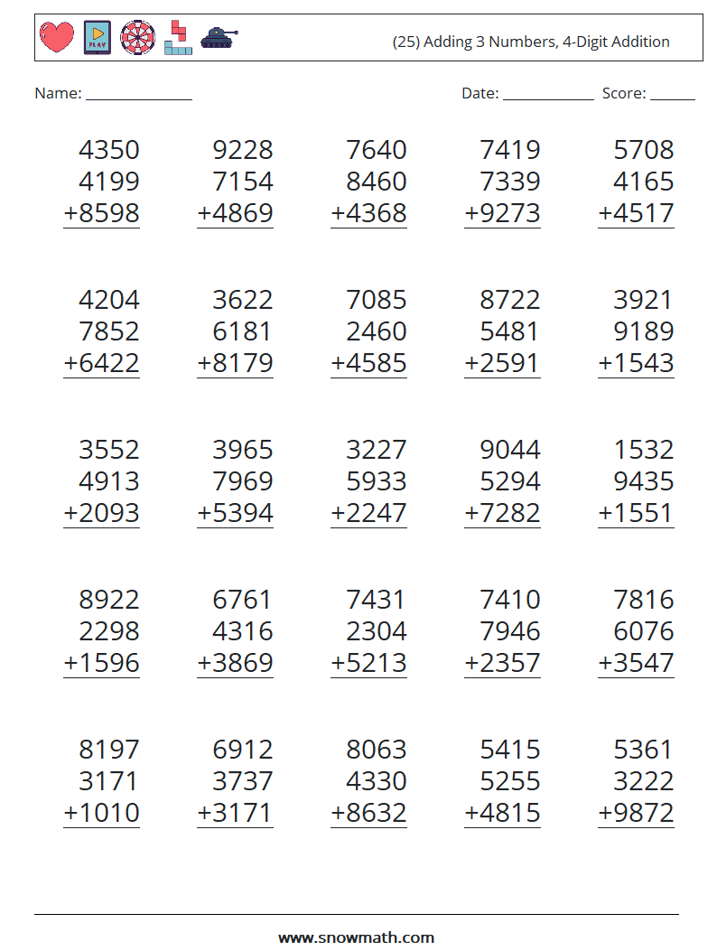 (25) Adding 3 Numbers, 4-Digit Addition Math Worksheets 6