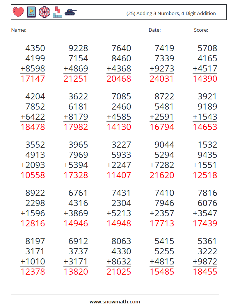 (25) Adding 3 Numbers, 4-Digit Addition Math Worksheets 6 Question, Answer