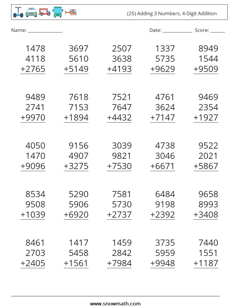 (25) Adding 3 Numbers, 4-Digit Addition Math Worksheets 7