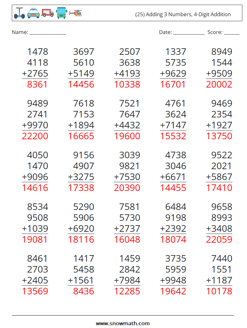 (25) Adding 3 Numbers, 4-Digit Addition Math Worksheets 7 Question, Answer