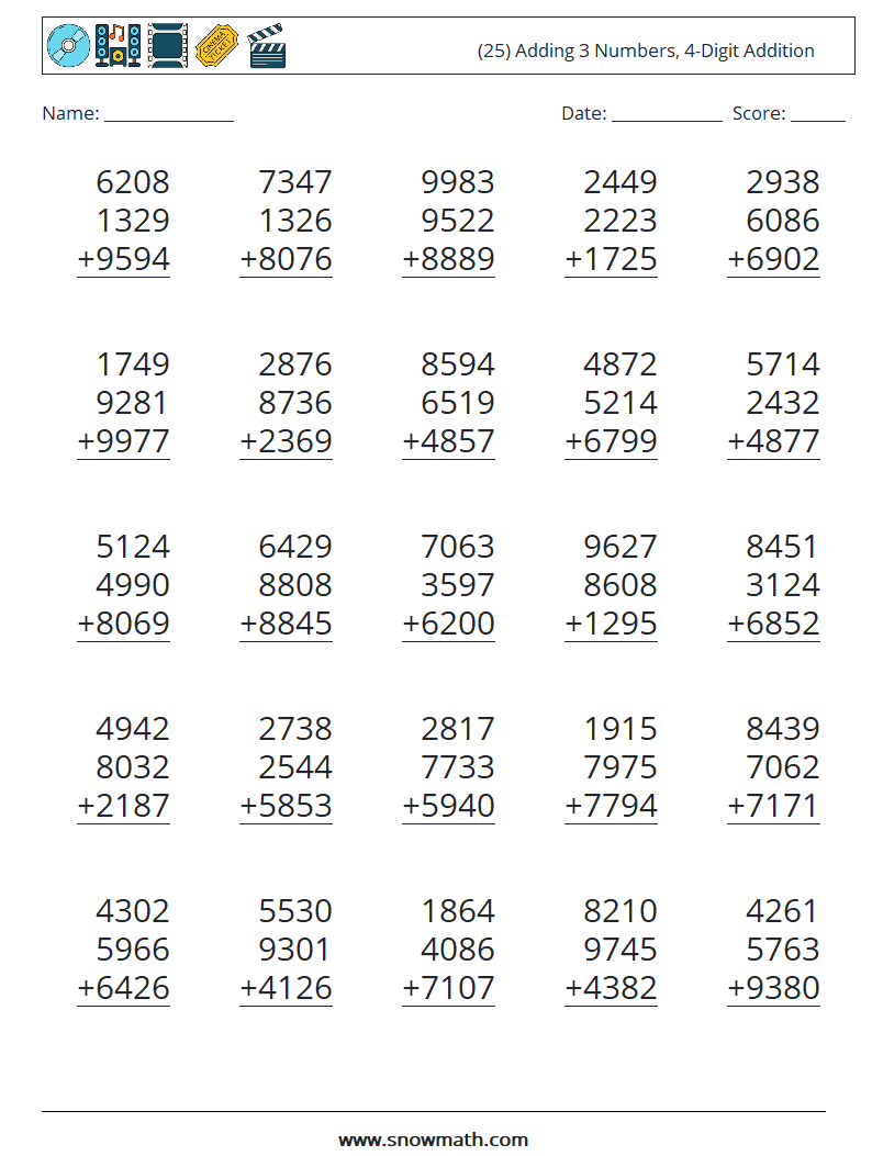 (25) Adding 3 Numbers, 4-Digit Addition Math Worksheets 8