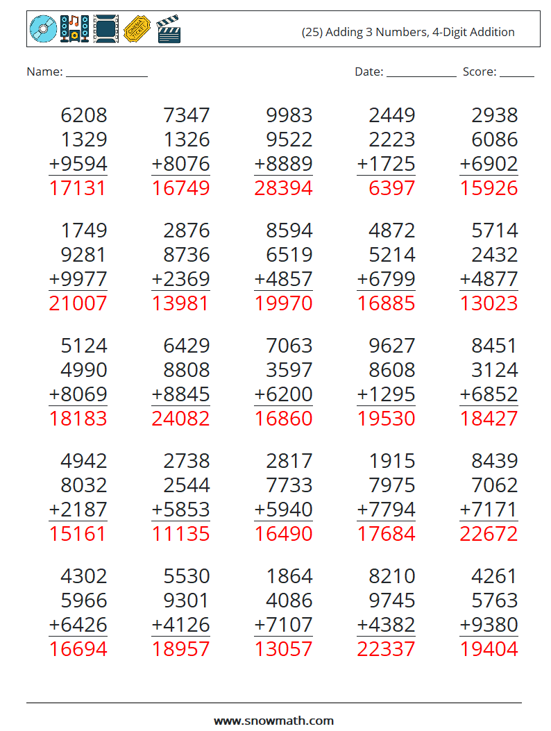 (25) Adding 3 Numbers, 4-Digit Addition Math Worksheets 8 Question, Answer