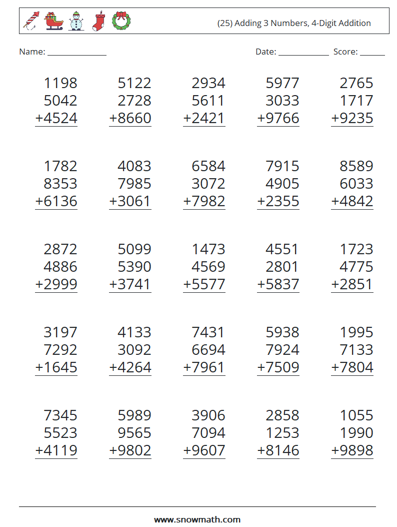 (25) Adding 3 Numbers, 4-Digit Addition Math Worksheets 9