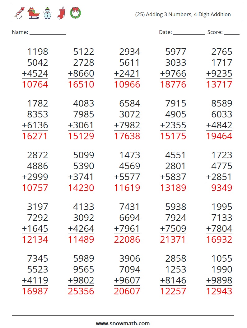 (25) Adding 3 Numbers, 4-Digit Addition Math Worksheets 9 Question, Answer