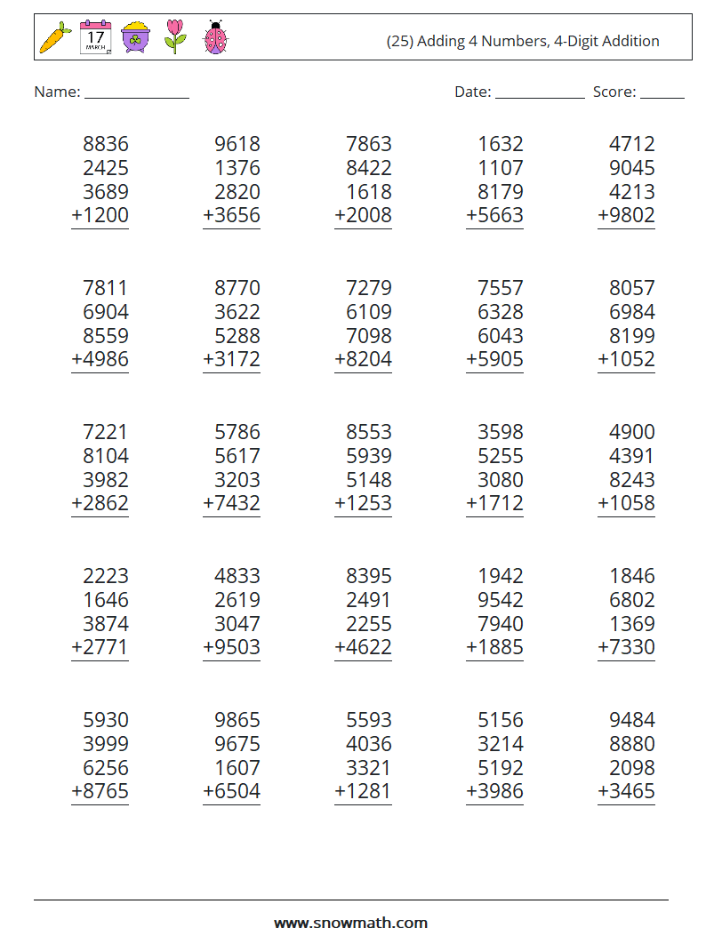 (25) Adding 4 Numbers, 4-Digit Addition Math Worksheets 1