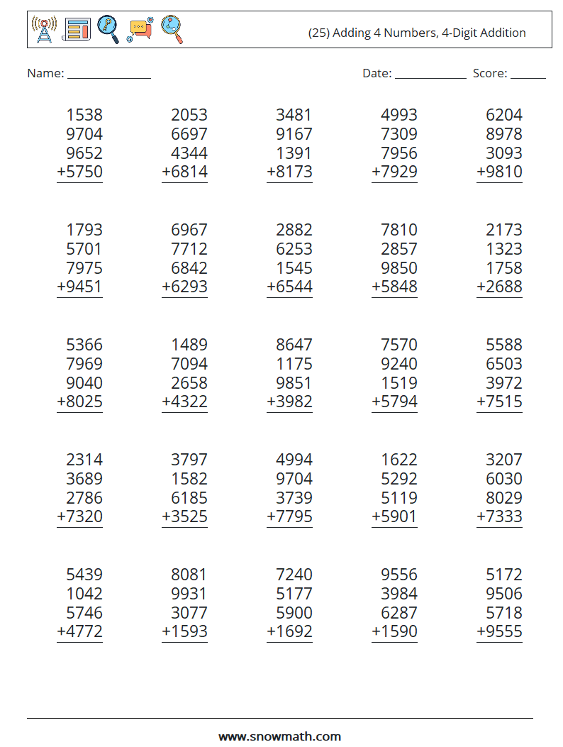 (25) Adding 4 Numbers, 4-Digit Addition Math Worksheets 10