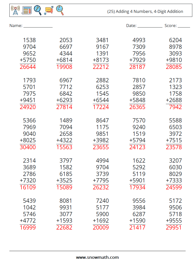 (25) Adding 4 Numbers, 4-Digit Addition Math Worksheets 10 Question, Answer