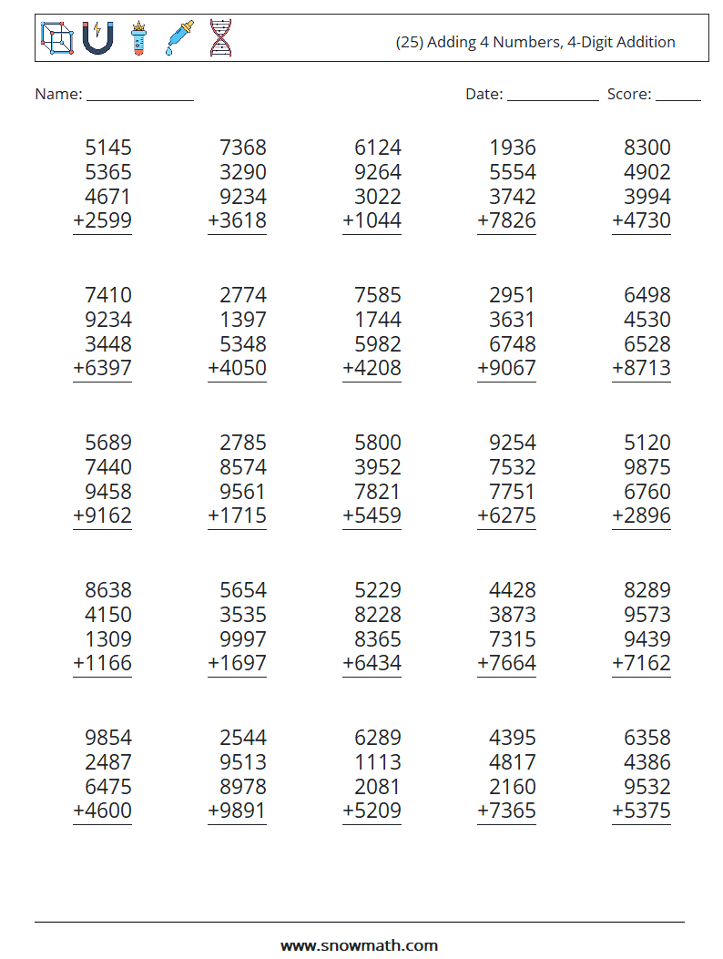 (25) Adding 4 Numbers, 4-Digit Addition Math Worksheets 11