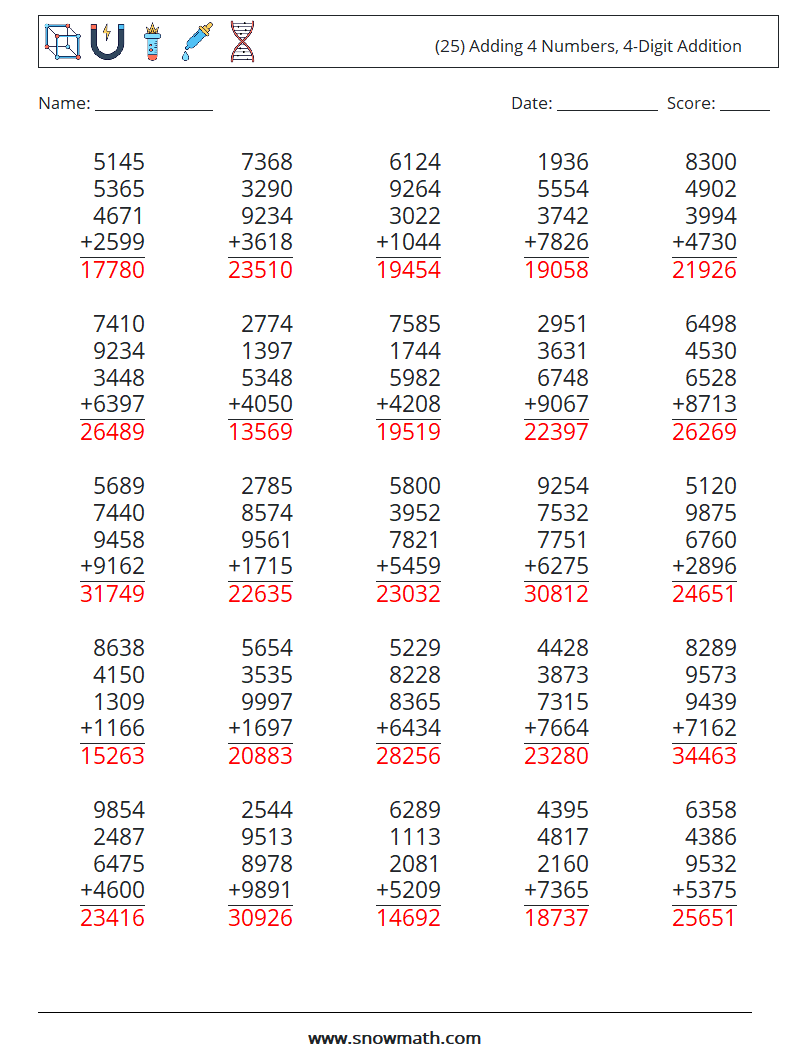 (25) Adding 4 Numbers, 4-Digit Addition Math Worksheets 11 Question, Answer