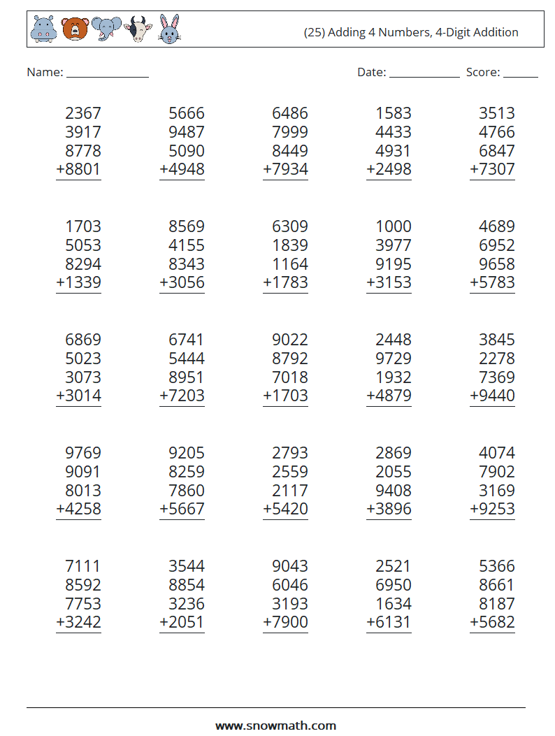 (25) Adding 4 Numbers, 4-Digit Addition Math Worksheets 12