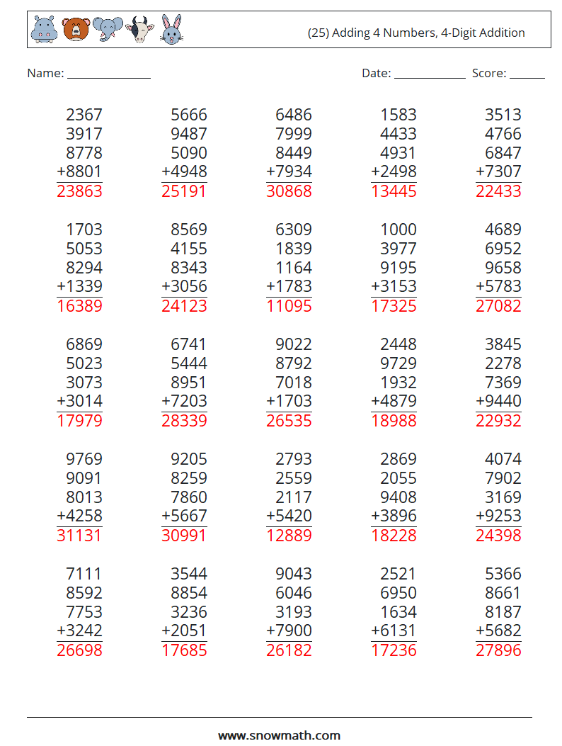 (25) Adding 4 Numbers, 4-Digit Addition Math Worksheets 12 Question, Answer