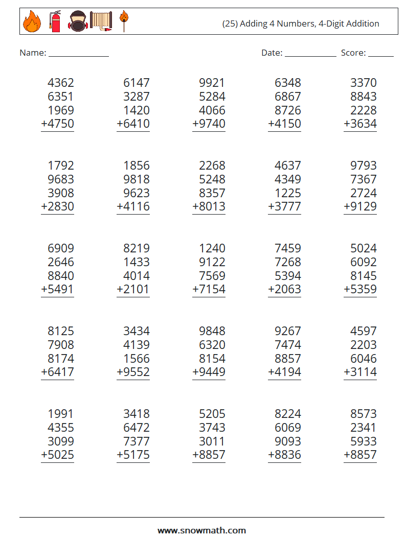 (25) Adding 4 Numbers, 4-Digit Addition Math Worksheets 13