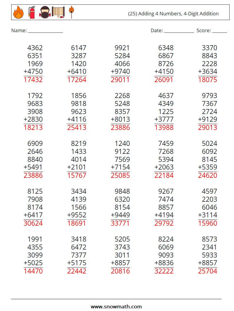 (25) Adding 4 Numbers, 4-Digit Addition Math Worksheets 13 Question, Answer