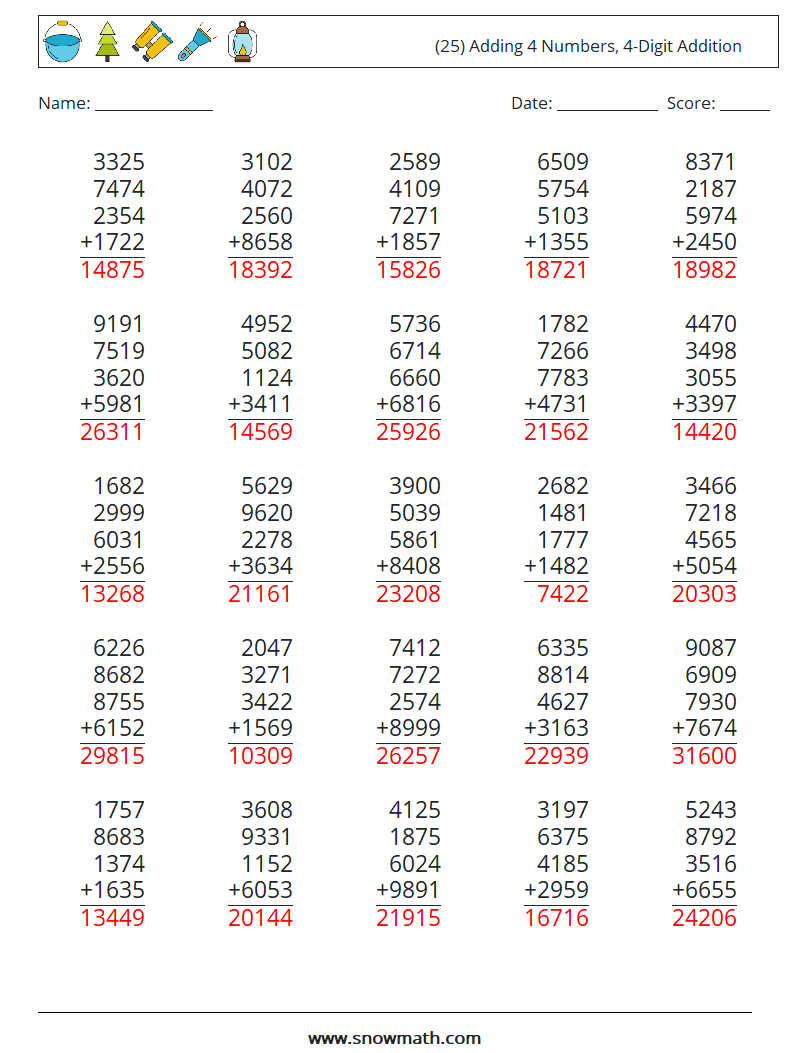 (25) Adding 4 Numbers, 4-Digit Addition Math Worksheets 14 Question, Answer