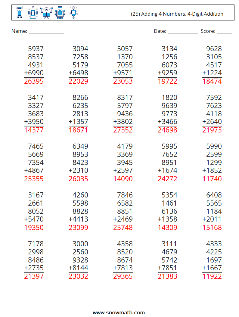 (25) Adding 4 Numbers, 4-Digit Addition Math Worksheets 15 Question, Answer