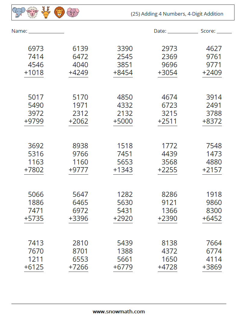 (25) Adding 4 Numbers, 4-Digit Addition Math Worksheets 16