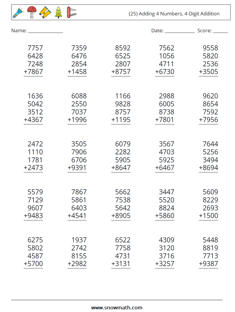 (25) Adding 4 Numbers, 4-Digit Addition Math Worksheets 18