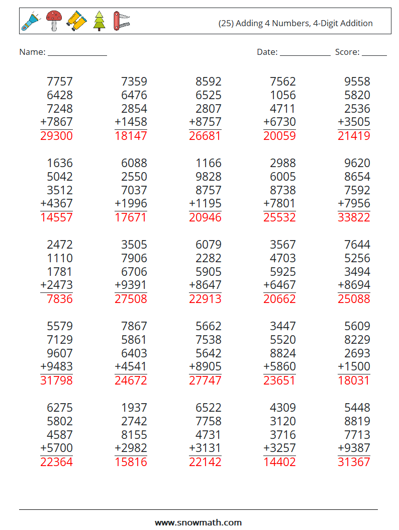 (25) Adding 4 Numbers, 4-Digit Addition Math Worksheets 18 Question, Answer