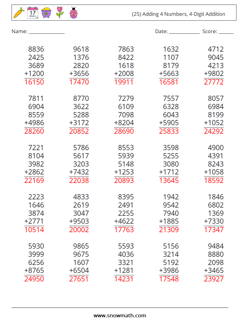 (25) Adding 4 Numbers, 4-Digit Addition Math Worksheets 1 Question, Answer