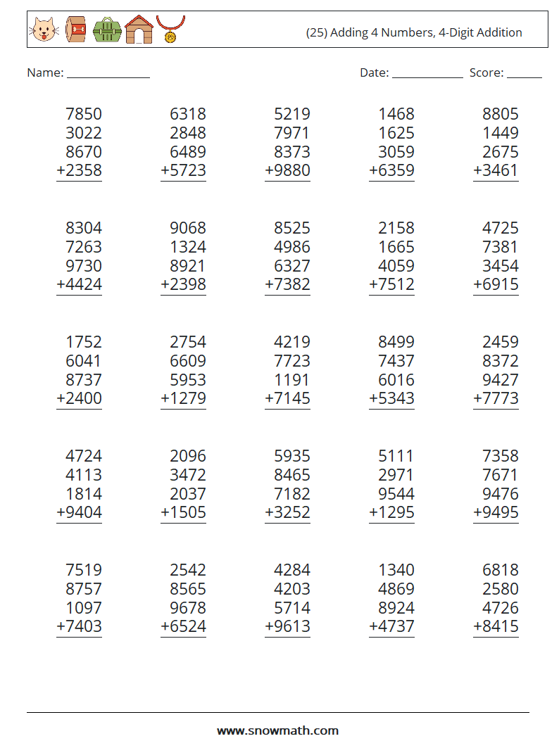 (25) Adding 4 Numbers, 4-Digit Addition Math Worksheets 2