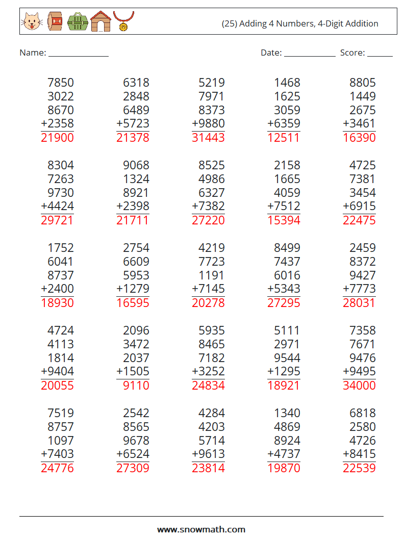(25) Adding 4 Numbers, 4-Digit Addition Math Worksheets 2 Question, Answer