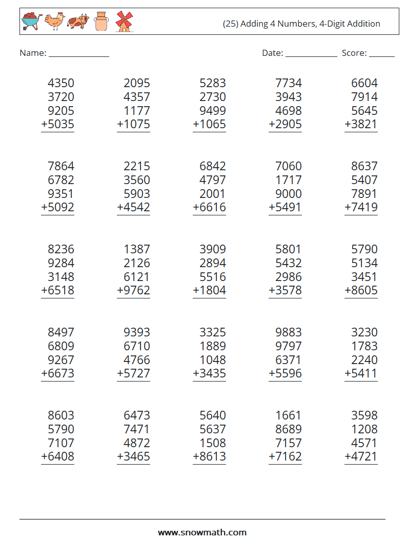 (25) Adding 4 Numbers, 4-Digit Addition Math Worksheets 3