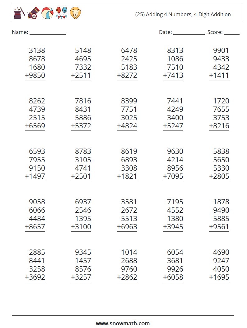 (25) Adding 4 Numbers, 4-Digit Addition Math Worksheets 4