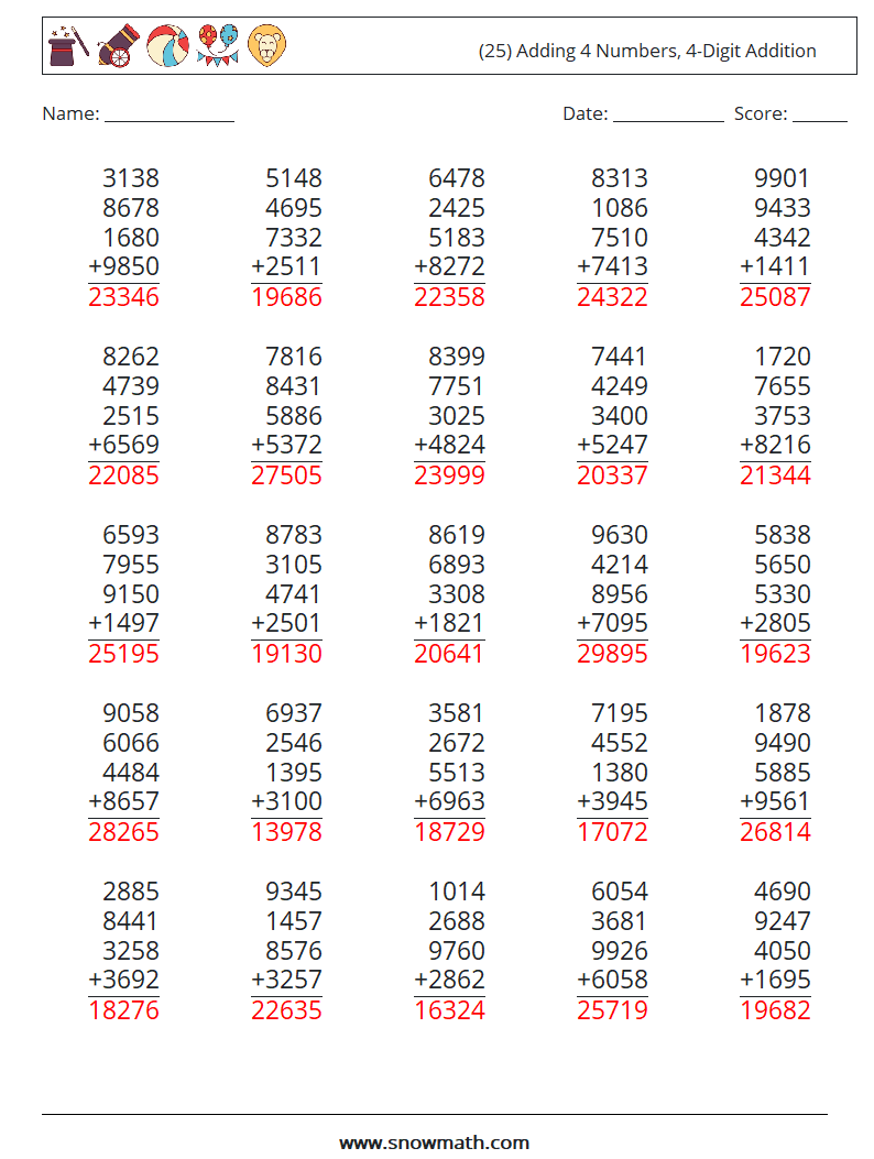(25) Adding 4 Numbers, 4-Digit Addition Math Worksheets 4 Question, Answer