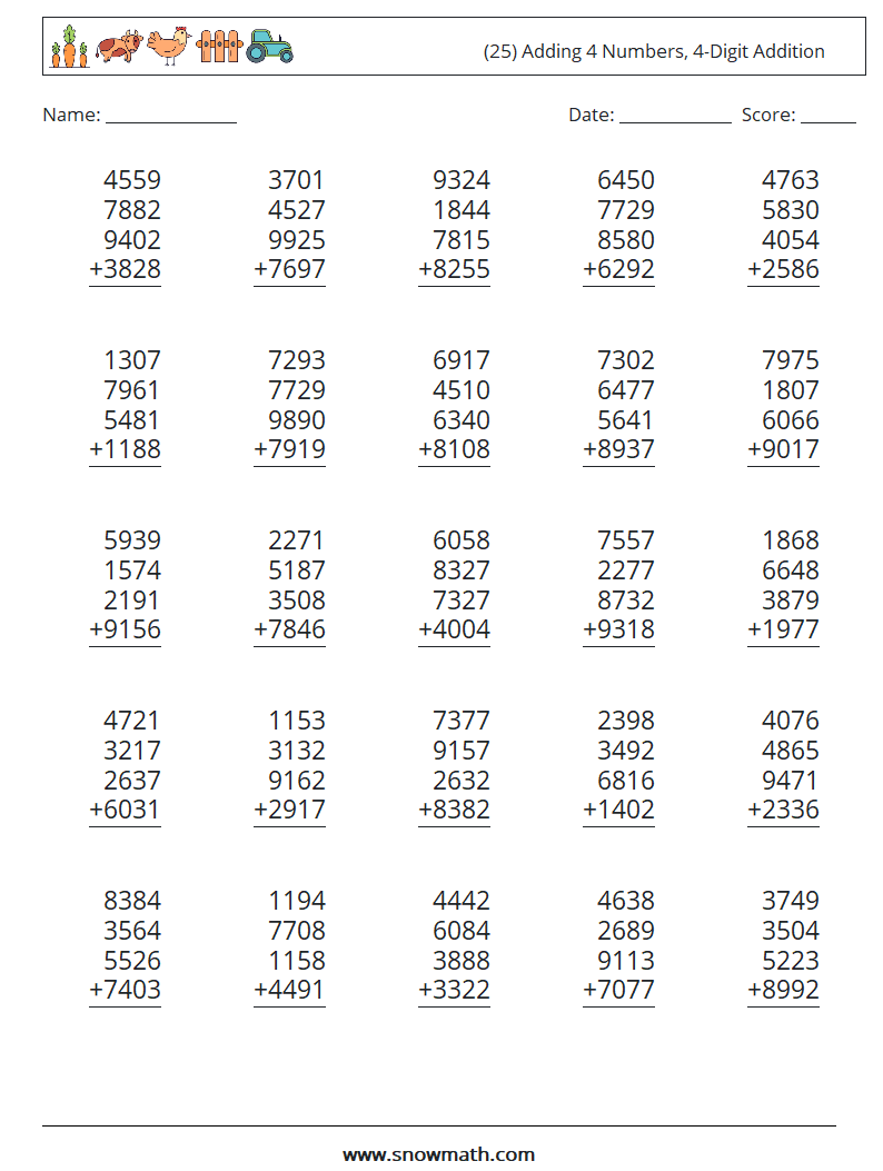 (25) Adding 4 Numbers, 4-Digit Addition Math Worksheets 5