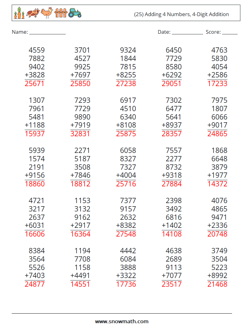 (25) Adding 4 Numbers, 4-Digit Addition Math Worksheets 5 Question, Answer