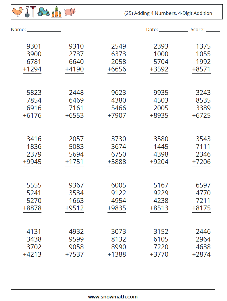 (25) Adding 4 Numbers, 4-Digit Addition Math Worksheets 6