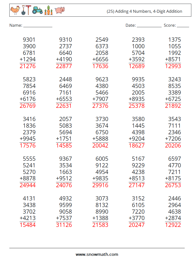 (25) Adding 4 Numbers, 4-Digit Addition Math Worksheets 6 Question, Answer