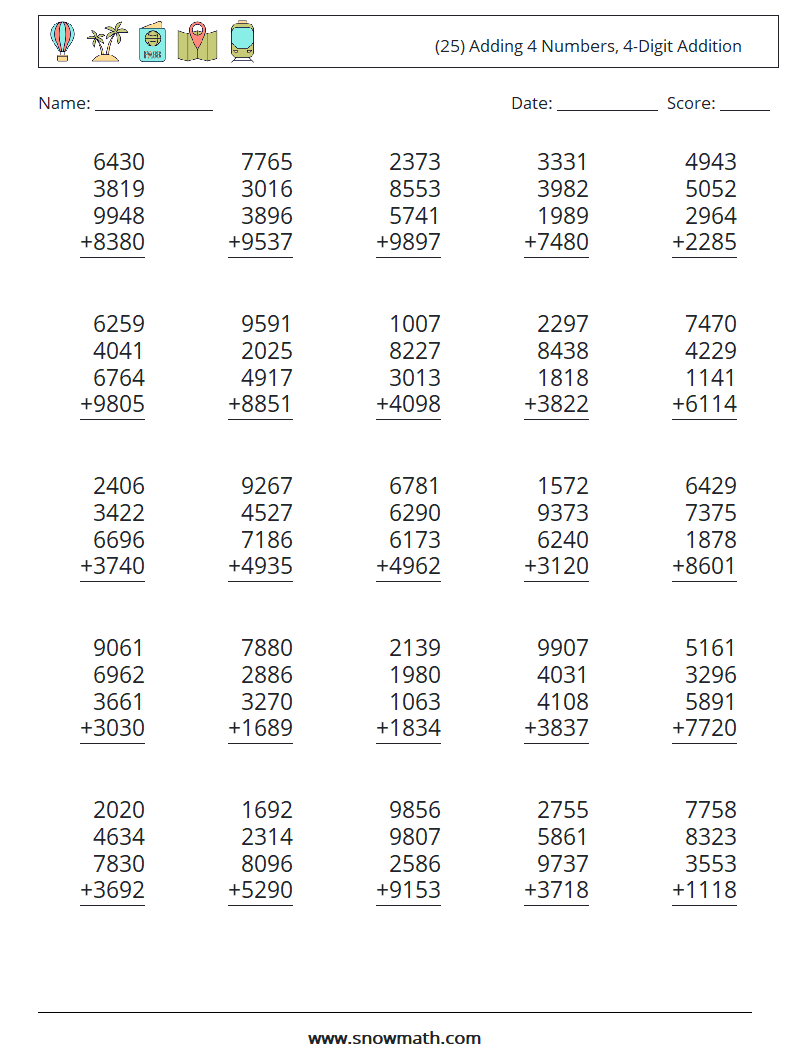 (25) Adding 4 Numbers, 4-Digit Addition Math Worksheets 7