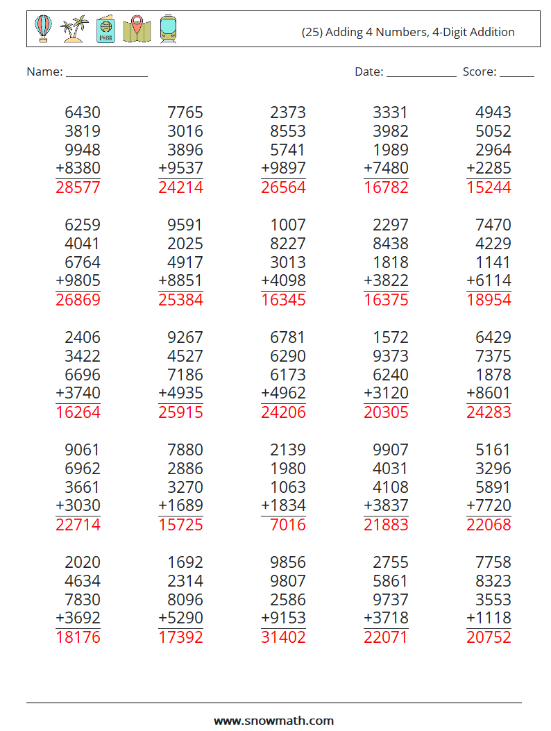 (25) Adding 4 Numbers, 4-Digit Addition Math Worksheets 7 Question, Answer