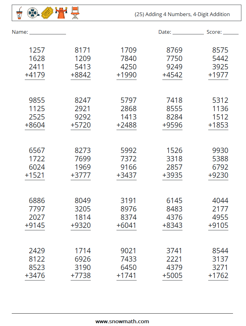 (25) Adding 4 Numbers, 4-Digit Addition Math Worksheets 8